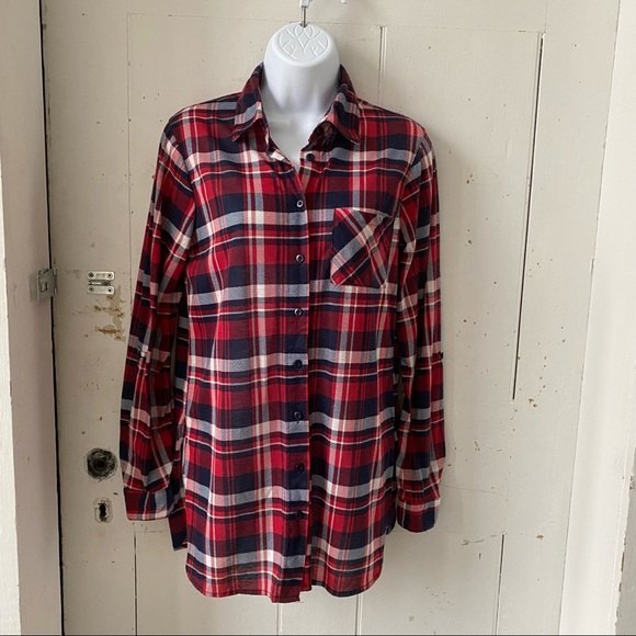 Rue 21 Long Tunic Red Flannel Shacket Shirt Convertible Sleeves - Picture 1 of 12